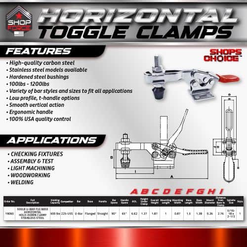 Horizon Horizontal Toggle Clamps for woodworking, welding, and assembly – high-quality steel and ergonomic design for versatile, reliable clamping solutions.