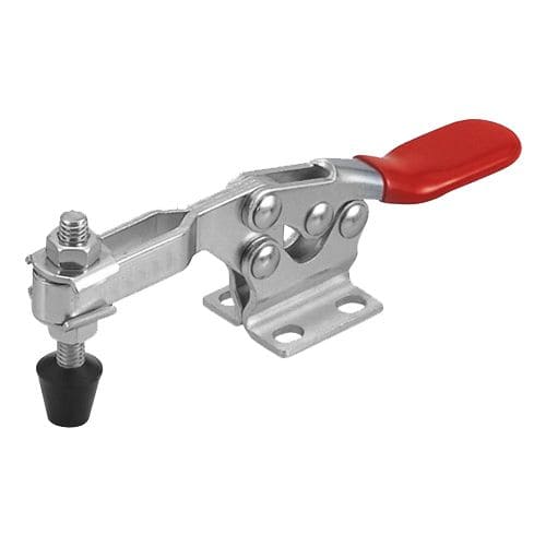 Adjustable steel clamp tool for secure fastening, compatible with various industrial applications, featuring a red handle and durable construction for heavy-duty use.
