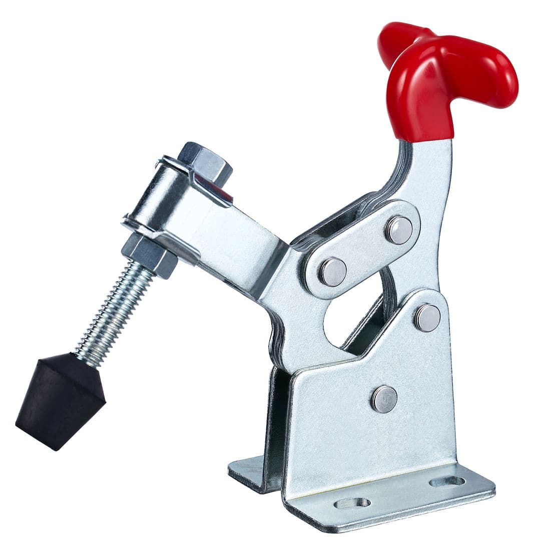 Heavy-duty pipe clamp with red handle for secure grip, ideal for plumbing and pipe work, durable metal construction for professional use.