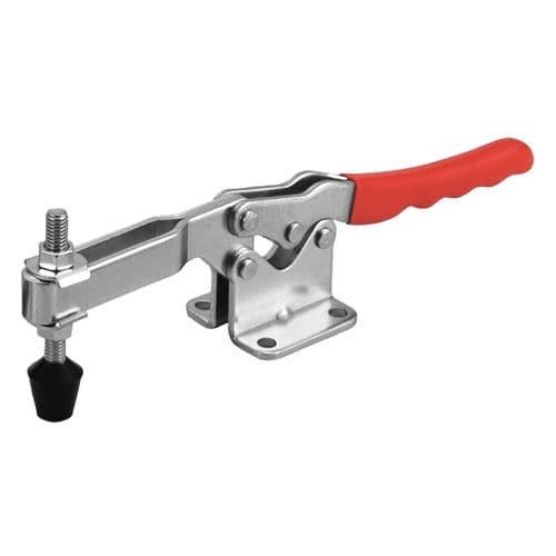 Heavy-duty toggle clamp with red handle, stainless steel construction, ideal for woodworking, metalworking, and industrial applications. Durable design ensures secure fastening.
