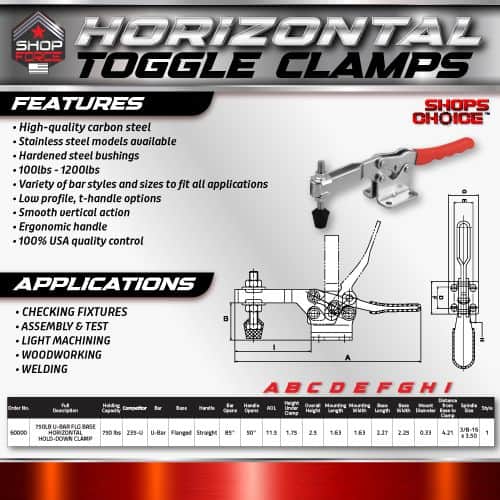 Horizon Horizontal Toggle Clamps for industrial applications, featuring high-quality stainless steel, low profile design, and ergonomic handle for checking fixtures, assembly, light machining, woodworking, and welding.