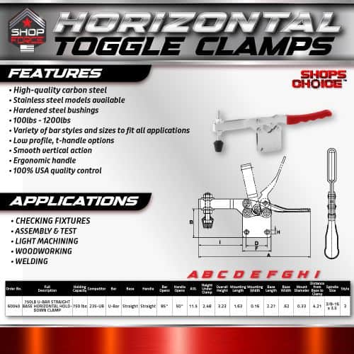 Horizontal toggle clamps for industrial use, featuring durable carbon steel construction, adjustable sizes, and ergonomic handles for secure fastening in welding, woodworking, and machinery applications.