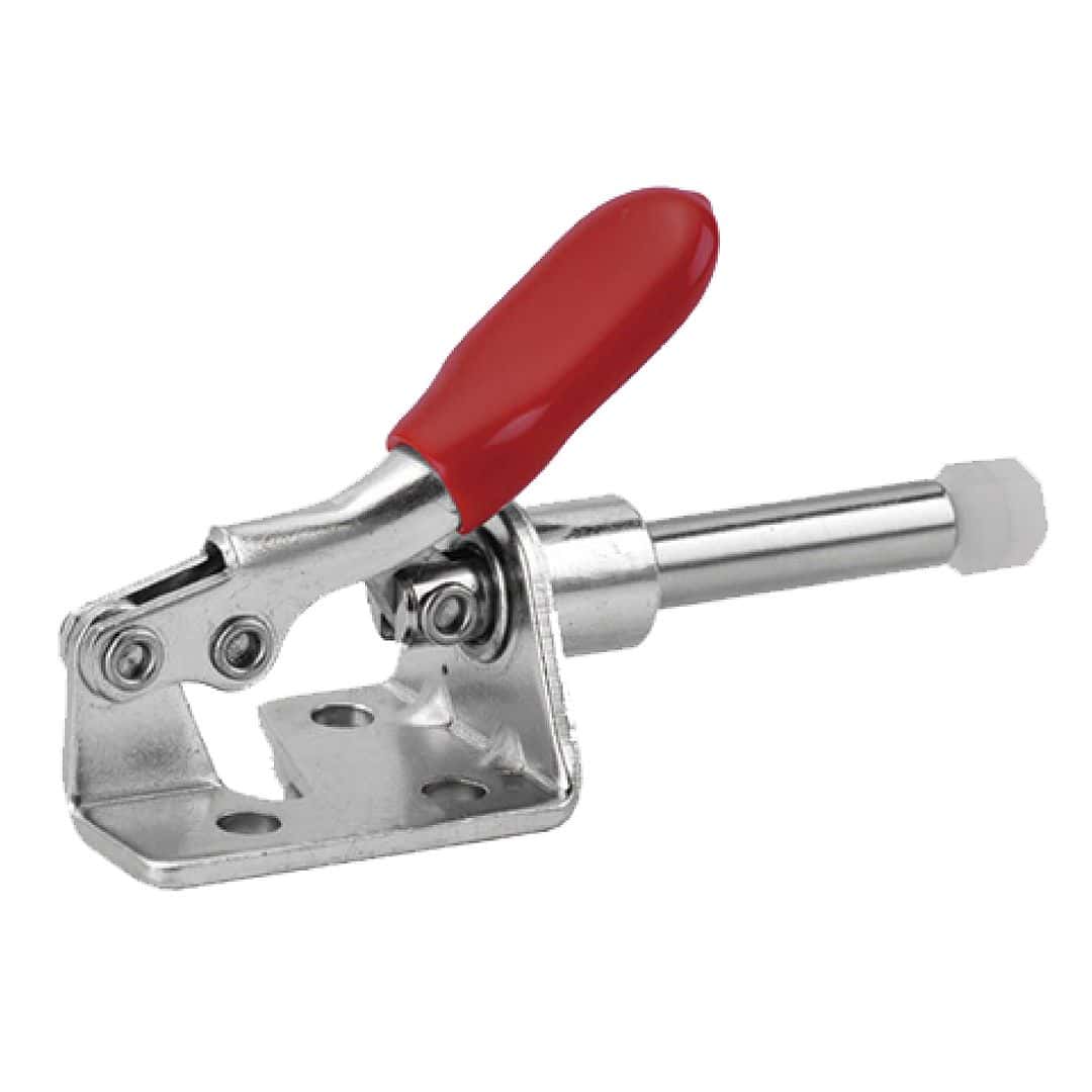 Heavy-duty toggle clamp with red handle for secure and stable clamping in woodworking and metalworking projects. Durable metal construction for professional use.
