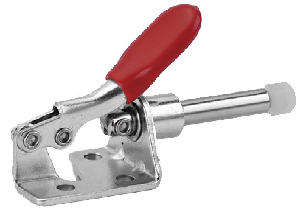 Heavy-duty toggle clamp with red handle, steel construction, and adjustable pressure for woodworking, metalworking, and industrial applications. Durable, reliable clamping tool for secure holding.
