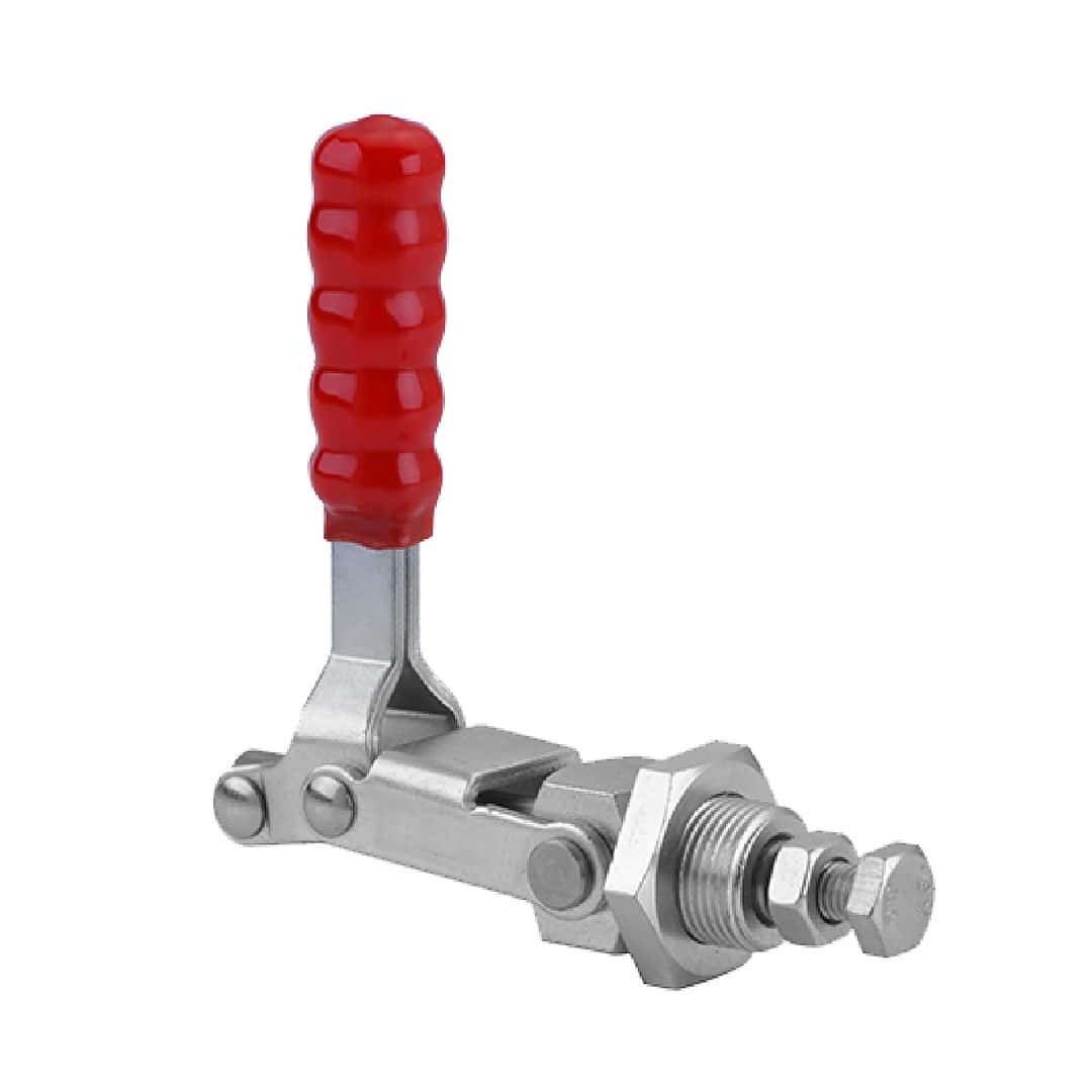 High-quality industrial toggle clamp with red ergonomic handle, durable metal construction for secure fastening and industrial applications. Perfect for manufacturing and workshop use.