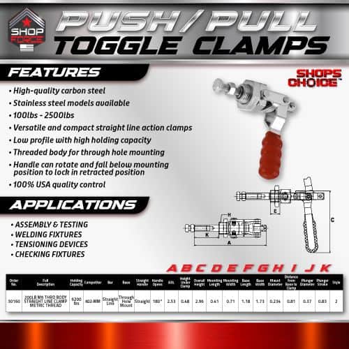 High-quality carbon steel toggle clamps with durable stainless steel models, ideal for assembly, welding, and testing applications, featuring low profile, high capacity, and USA quality control.