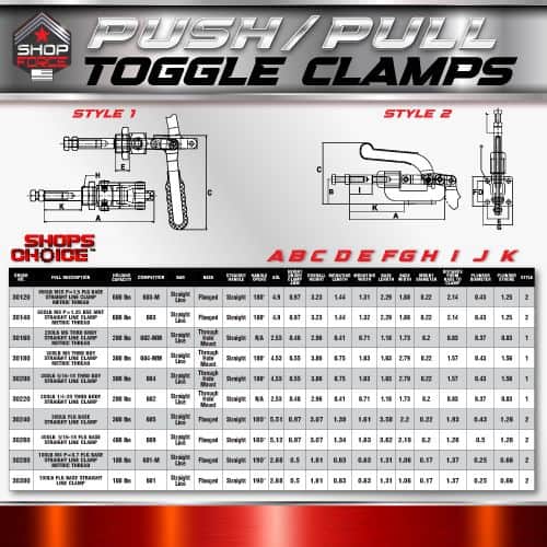 Push/pull toggle clamps for industrial applications, featuring durable design and easy operation from Shop Force. Perfect for securing workpieces in manufacturing and woodworking setups.