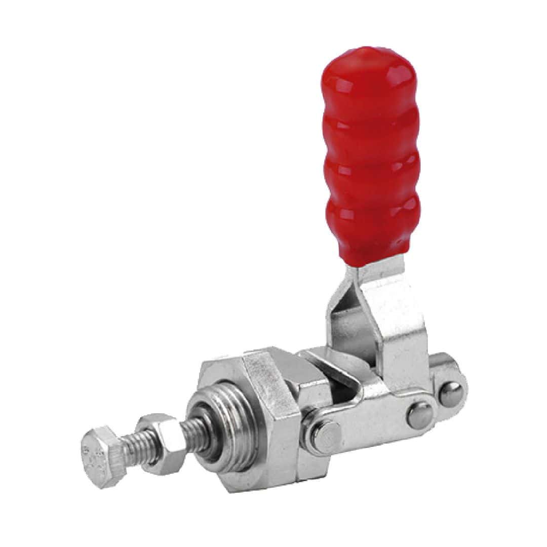 High-quality toggle clamp with red rubber handle, industrial-grade metal construction, suitable for woodworking, metalworking, and workshop applications. Durable and reliable for securing workpieces.