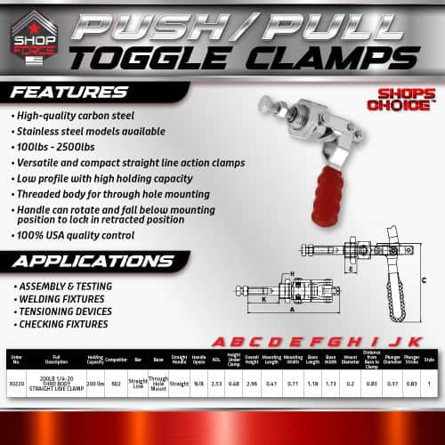 Push pull toggle clamps for woodworking, welding, and manufacturing applications, featuring high-quality carbon steel, stainless steel options, and versatile straight line action for secure holding.