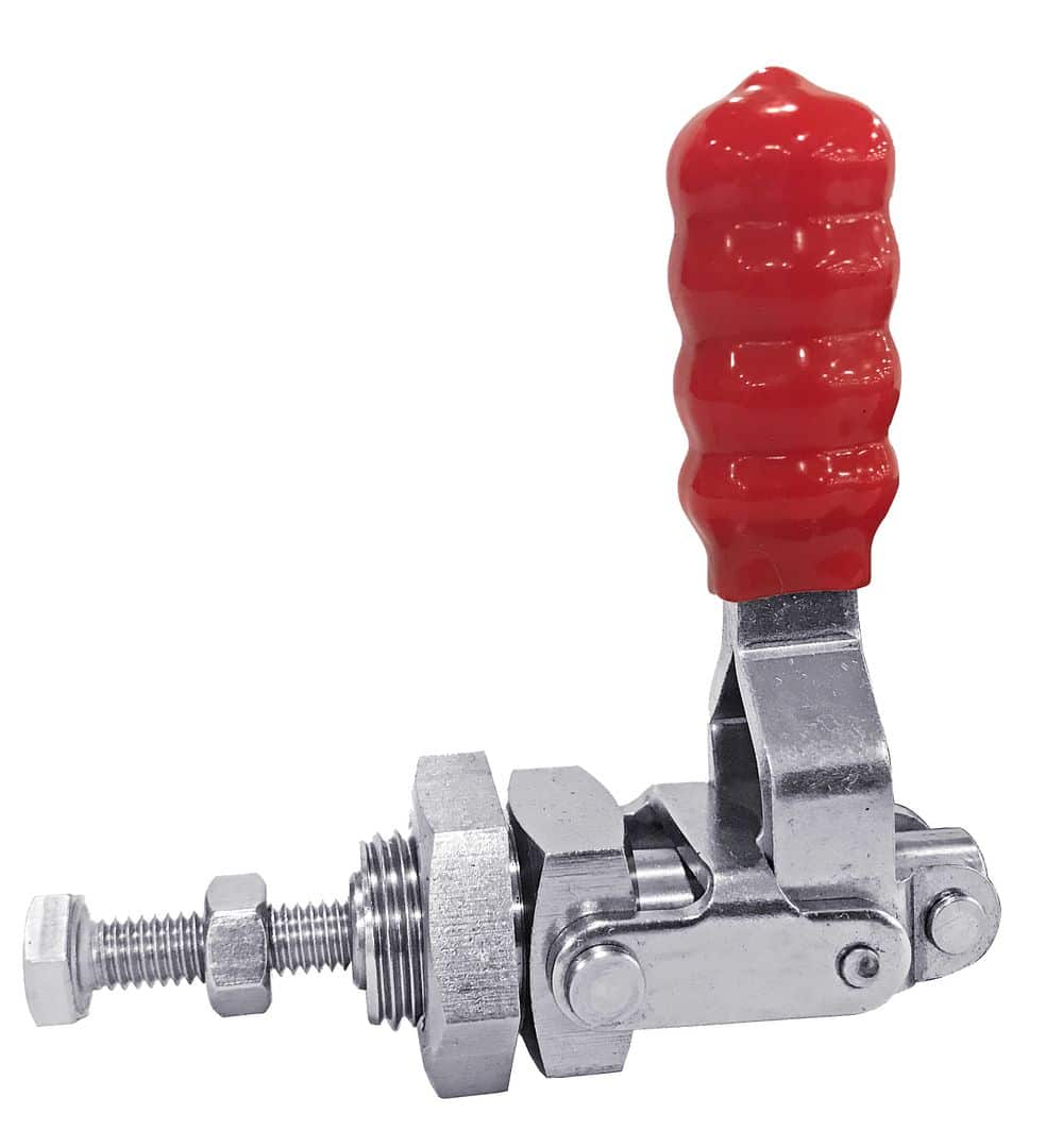 Heavy-duty toggle clamp with red rubber handle, designed for industrial sealing and packaging applications. Sturdy metal construction ensures reliable and secure clamping.
