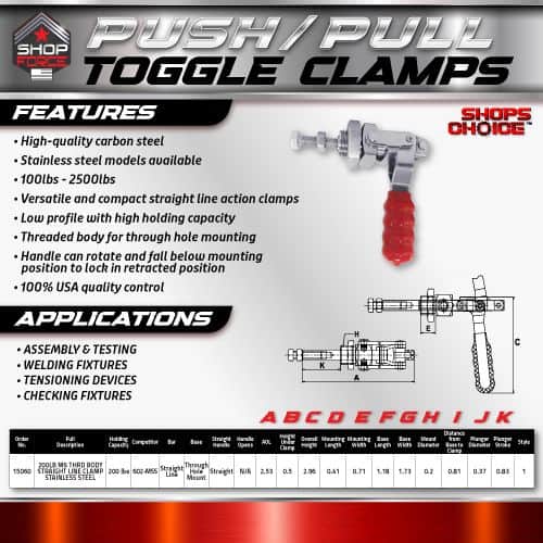 High-quality carbon steel push/pull toggle clamps with adjustable handle, ideal for welding, testing, and tensioning fixtures, available in different models for versatile industrial applications.