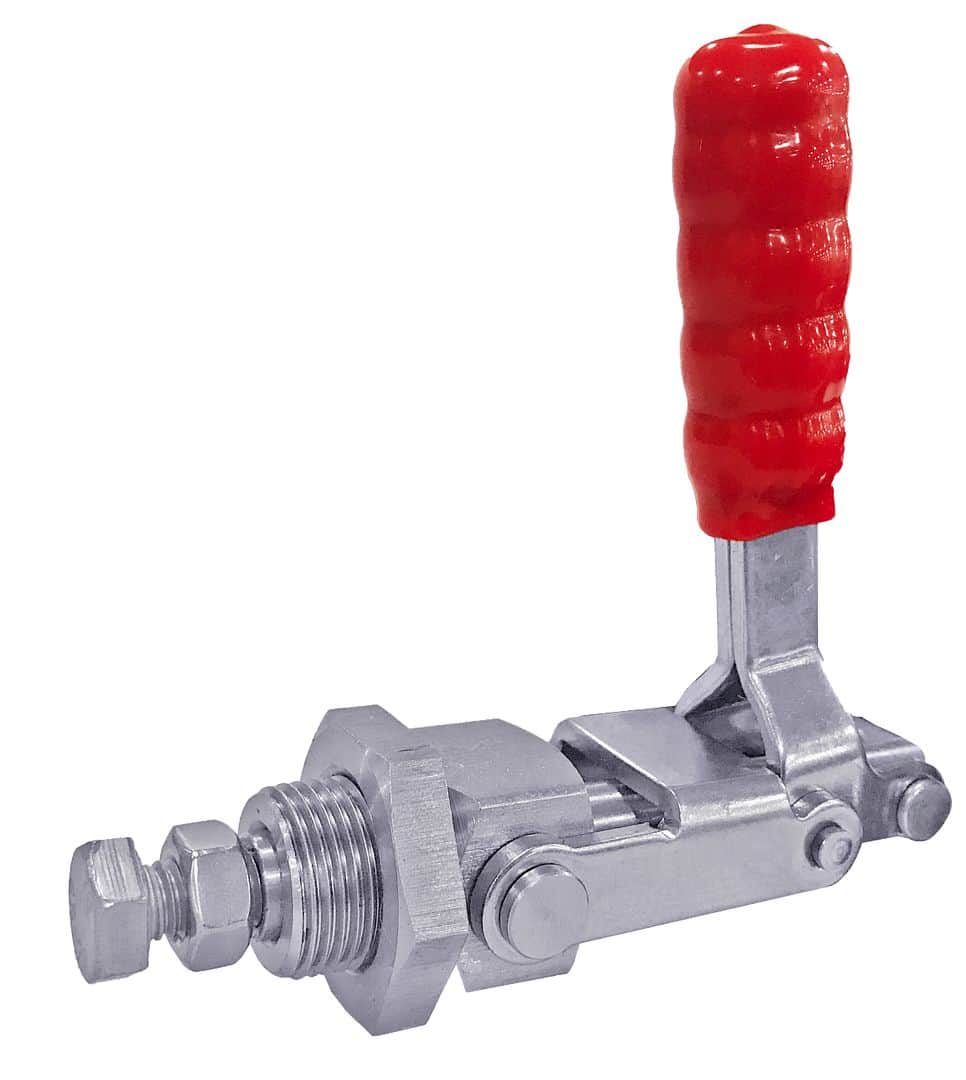 Heavy-duty stainless steel ball valve with red handle, industrial piping component for fluid control and automation, suitable for manufacturing and plumbing applications.