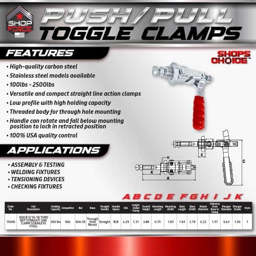 Push/Pull Toggle Clamps for assembly, welding, and testing applications with high-quality carbon steel and corrosion-resistant stainless steel models available.