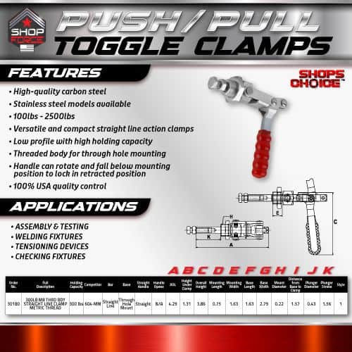 Push/Pull Toggle Clamps for welding fixtures, assembly, and testing, made with high-quality carbon steel, designed for durability and precise handling, ideal for industrial applications.