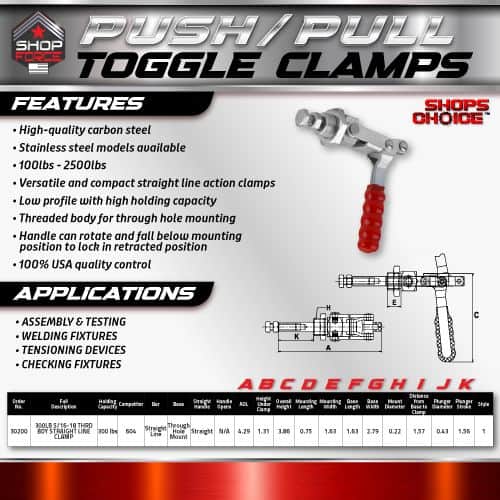 High-quality carbon steel toggle clamps for reliable holding and versatile use, with durable stainless steel options, ideal for assembly, welding, and testing applications.