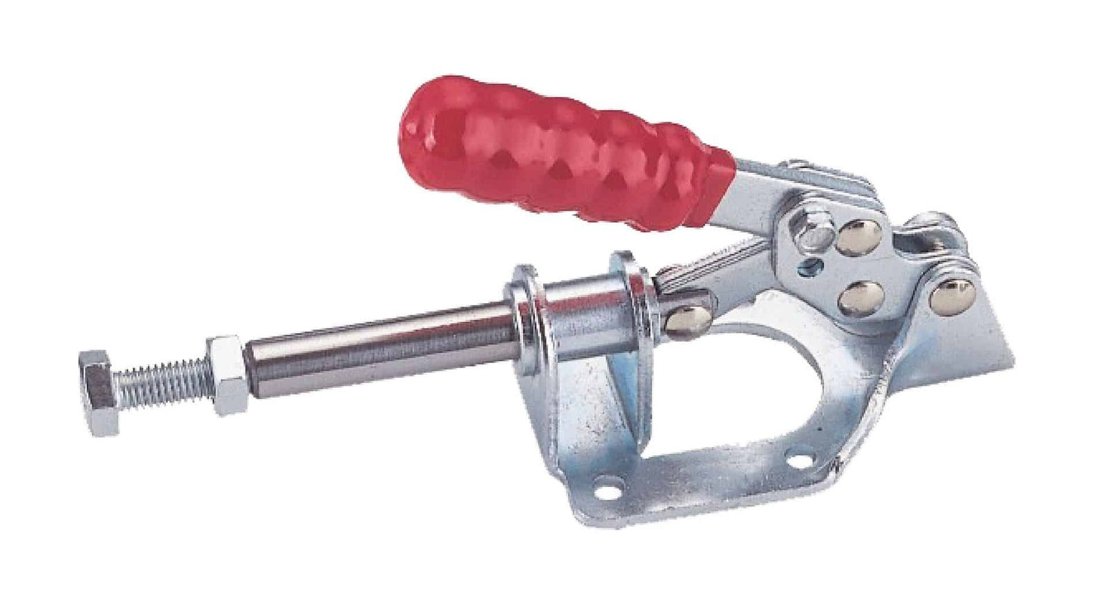 Precision toggle clamp with red handle and metal construction for secure workpiece holding in woodworking and metalworking applications.