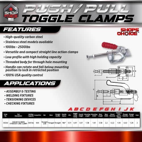 High-quality carbon steel push/pull toggle clamps for industrial applications with customizable models, high holding capacity, and durable stainless steel construction, ideal for welding, testing, and machinery setups.