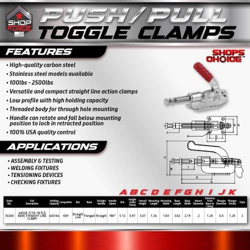 Push pull toggle clamps for welding fixtures, assembly testing, and tensioning devices - high-quality carbon steel, stainless steel models, 100lbs to 2500lbs capacity, versatile and compact design.