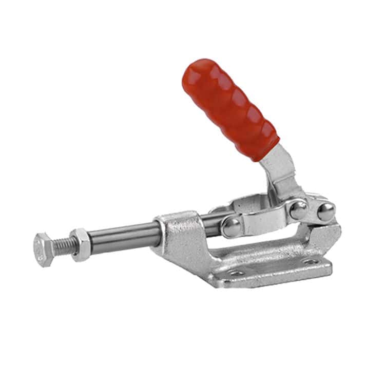 Clamp with red handle for securing objects in industrial and workshop settings. Durable metal construction with ergonomic grip design for easy operation. Ideal for heavy-duty applications.