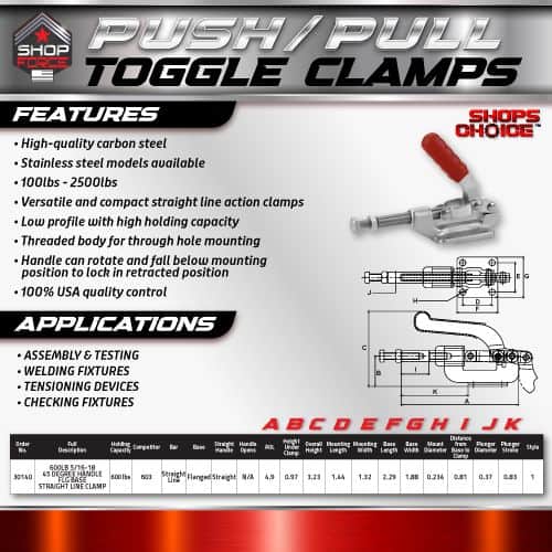 High-quality carbon steel push/pull toggle clamps with stainless steel models, ideal for welding, testing, and assembling applications; durable, versatile, and USA-made.