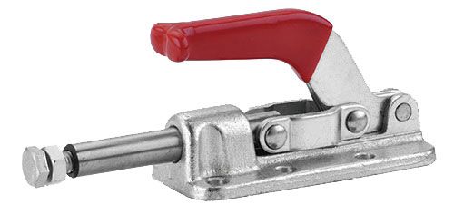 Heavy-duty pipe clamp with red handle for secure fastening and plumbing or pipework installation. Durable metal construction for professional use.