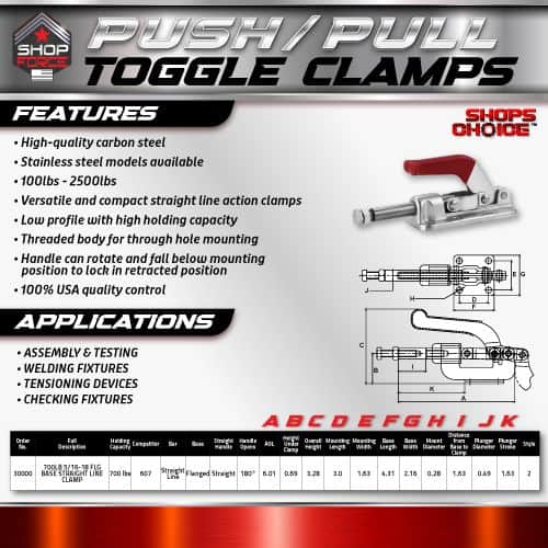 High-quality carbon steel push/pull toggle clamps, ideal for welding fixtures, testing, and shelving, featuring versatile straight line action and low profile design for secure, reliable fastening.