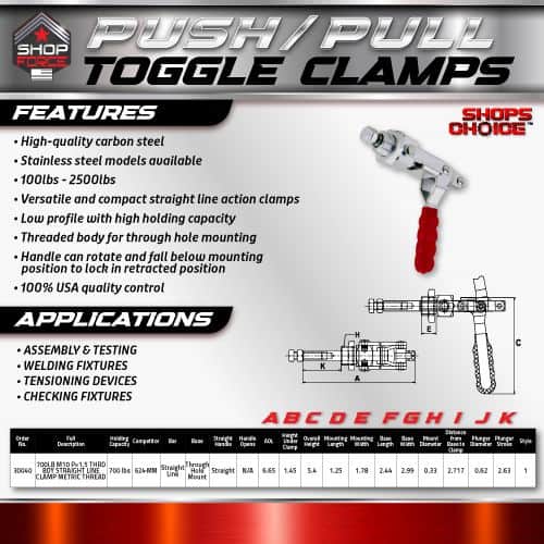 Push/pull toggle clamps with high-quality carbon steel, versatile design, and low-profile for secure hold, ideal for assembly, welding, and testing applications. Made in the USA for durability.