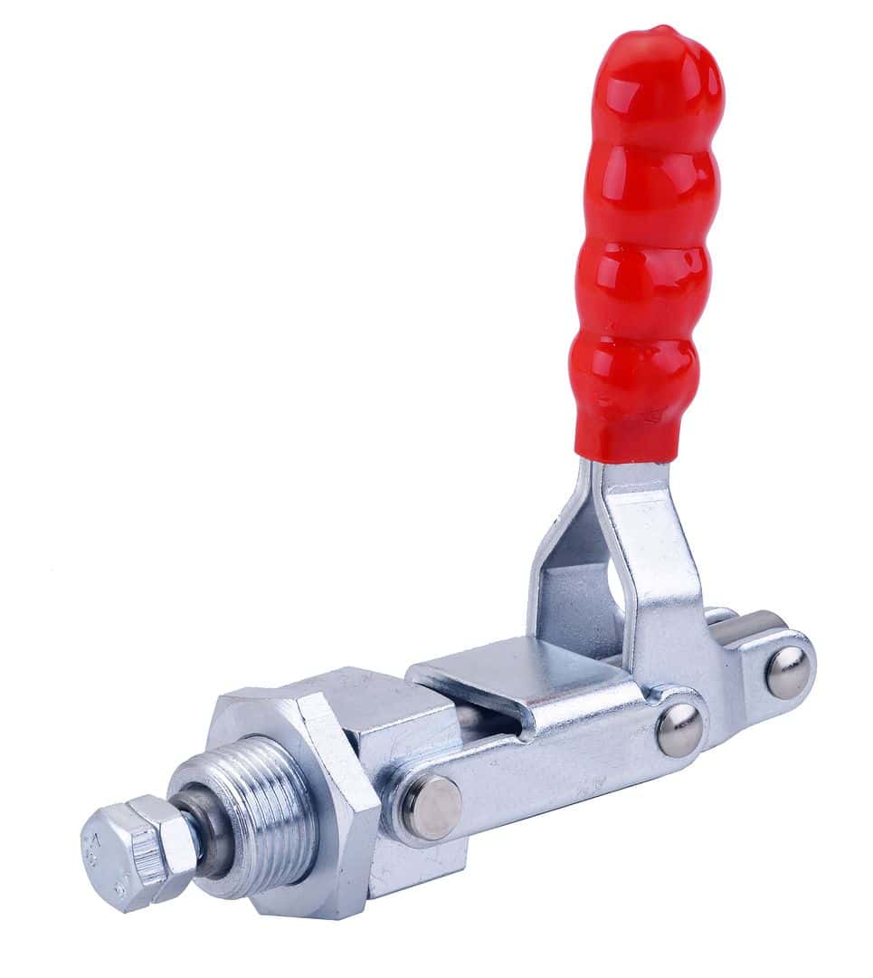 Heavy-duty metal vacuum clamp with red rubber handle for industrial applications.