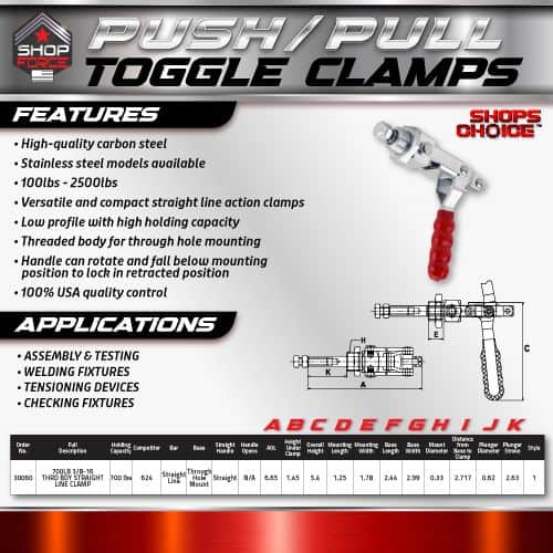 High-quality carbon steel push/pull toggle clamps with stainless steel models, versatile straight line action, and low profile design for secure holding and optimal performance.