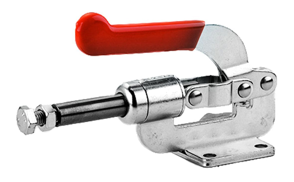 Heavy-duty pipe clamp with red handle, adjustable for secure fastening, ideal for plumbing and industrial pipe applications.