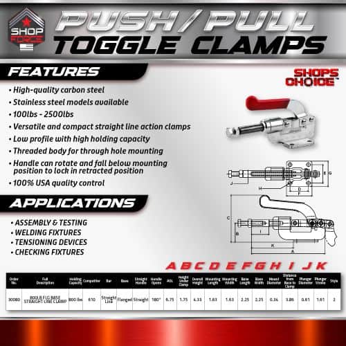 Push pull toggle clamps for woodworking and metalworking applications, featuring high-quality carbon steel construction and versatile straight line action for secure fastening.