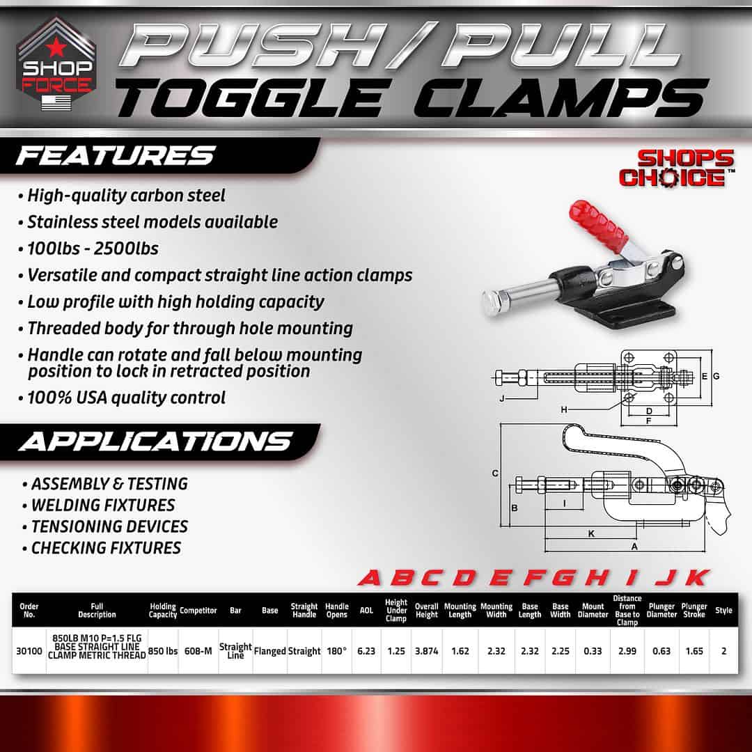 Heavy-duty push-pull toggle clamp in high-quality carbon steel, ideal for assembly, testing, welding fixtures, and more. Features low profile design, versatile operation, and USA quality control.