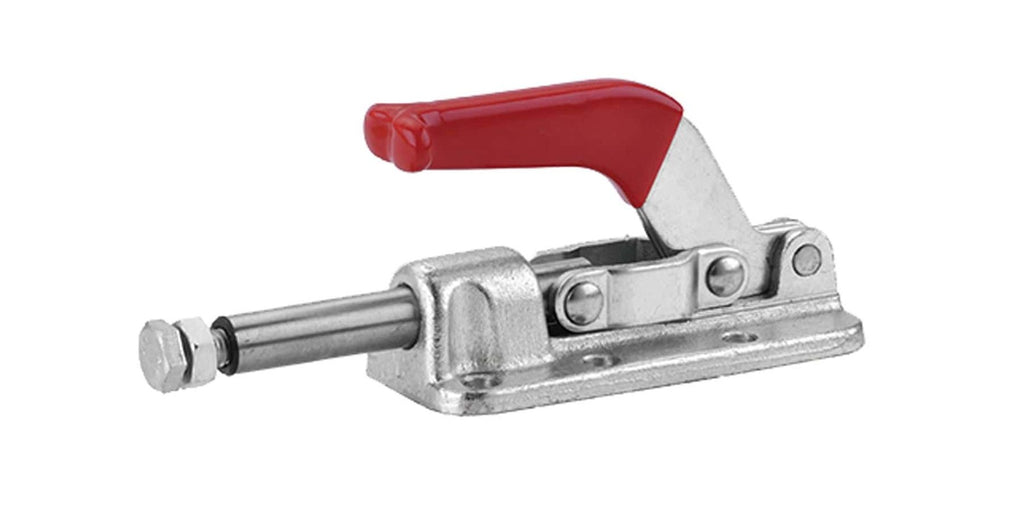 Heavy-duty toggle clamp with red handle, metal construction, used for securing workpieces in woodworking, metalworking, or industrial applications. Rugged and reliable clamping tool for secure fastening.