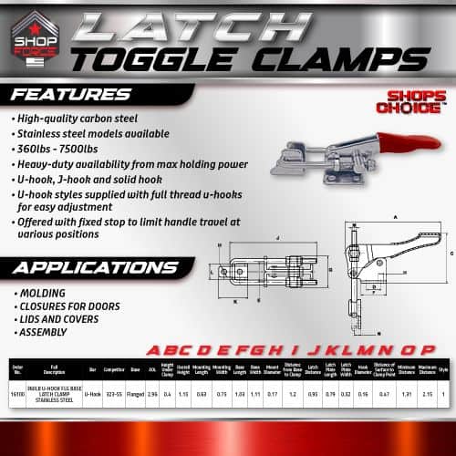 High-quality carbon steel latch toggle clamps with stainless steel models, lightweight design, and full-thread U-hooks for secure and adjustable fastening, ideal for various applications.
