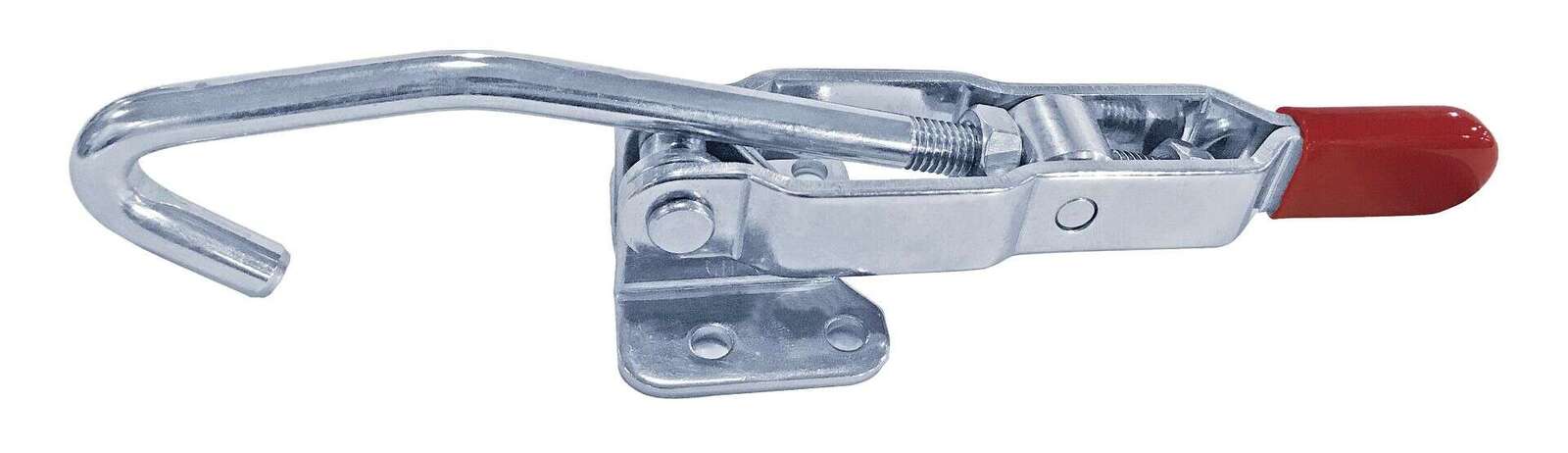 Heavy-duty trailer hitch lock with durable metal construction and red handle for secure vehicle coupling. Suitable for heavy vehicles and trailers, ensuring safety and theft prevention.