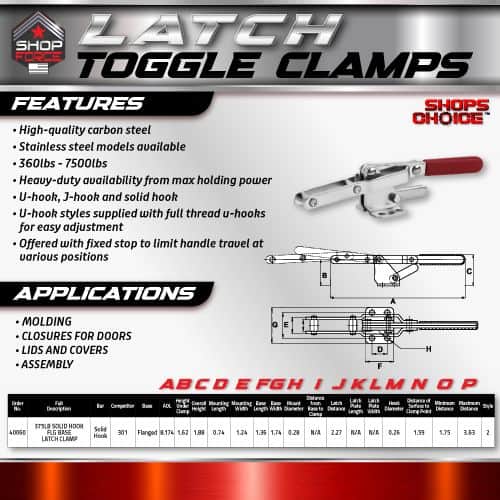 High-quality carbon steel latch toggle clamps with stainless steel models, offering 360 lbs to 750 lbs holding capacity, featuring heavy-duty construction, quick release, and versatile mounting options for industrial applications.