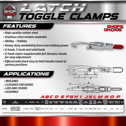 Heavy-duty latch toggle clamps made of high-quality carbon steel, featuring models with maximum holding power, solid hooks, and U-hooks for secure fastening in locksmith, door closure, and assembly applications.