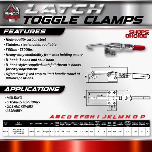High-quality carbon steel latch toggle clamps with stainless steel models, ideal for molding, doors, lids, covers, and assembly applications, featuring heavy-duty holding power and quick adjustment.