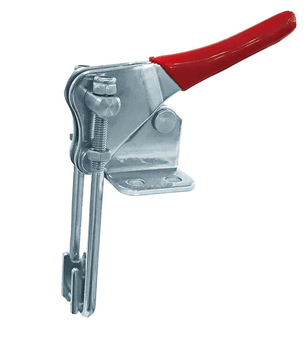 Heavy duty toggle clamp with red handle, ideal for industrial securing and woodworking projects, made of durable metal for reliable clamping performance.