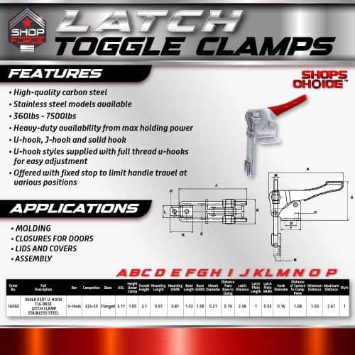 High-quality carbon steel latch toggle clamps with heavy-duty construction, adjustable design, and full-thread U-hooks for secure locking in molding, door closures, and assembly applications.