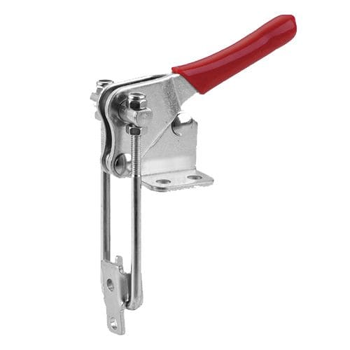 Heavy-duty toggle latch clamp with red handle for industrial securing applications.