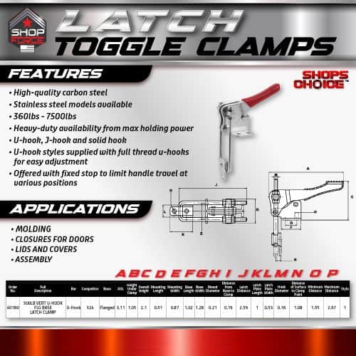 High-quality carbon steel latch toggle clamps with max holding power, U-hook, and various mounting options for molding, door closure, and assembly applications.