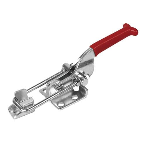 Heavy-duty hand sealer clamp with red handle, perfect for industrial packaging and sealing applications. Made of durable metal for secure and efficient sealing. Ideal for warehouse and shipping needs.