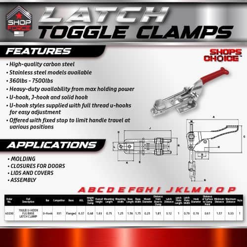 LATCH TOGGLE CLAMPS by Shop Force, featuring high-quality carbon steel, stainless steel models, and heavy-duty holding power up to 7500 lbs, ideal for molding, door closures, and assembly applications.