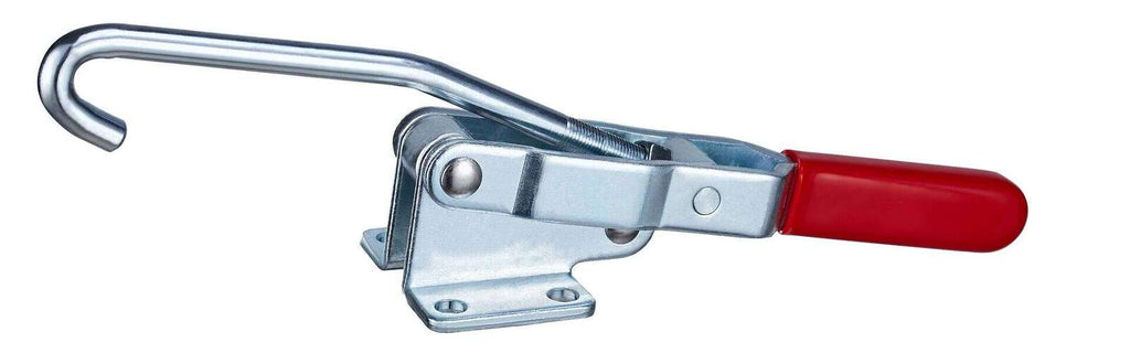 Heavy-duty clamp with metal construction and red handle, ideal for industrial and woodworking applications. Durable, reliable, and designed for secure fastening.