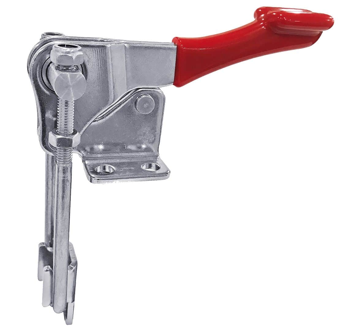 Heavy-duty metal toggle clamp with red plastic handle, high-strength construction for industrial and woodworking applications, secure fastening tool for workshop use.