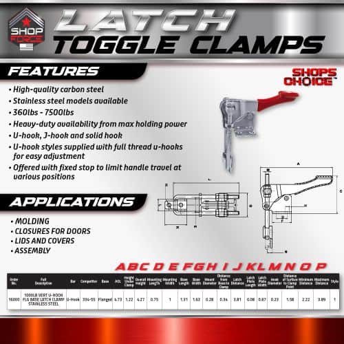 High-quality carbon steel latch toggle clamps with stainless steel models, heavy-duty holding power, and full-thread U-hooks for easy adjustments, ideal for molding, door closures, lids, and assembly applications.