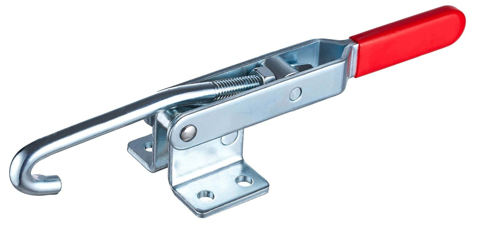 Heavy-duty toggle clamp with red handle for woodworking, metalworking, and industrial applications. Secure and clamp workpieces efficiently with this durable, rust-resistant tool.