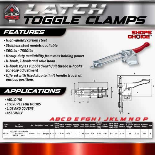 High-quality carbon steel latch toggle clamps with full-thread U-hooks, suitable for molding, door closures, and assembly applications, offering maximum holding power and adjustable positions.
