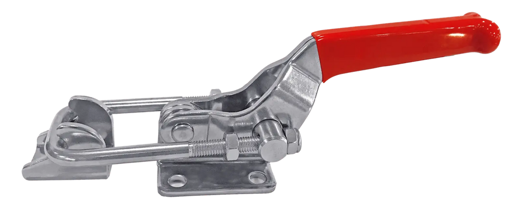 Heavy-duty toggle clamp with red handle, used for securing workpieces in manufacturing and woodworking applications. Durable industrial grade equipment for precise clamping needs.